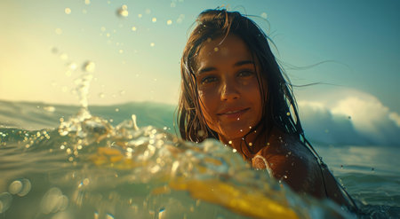 A woman with long, wet hair smiles as she surfaces from the water, sunlight shining down on her from behind.の素材