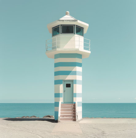 A blue and white striped lifeguard tower stands on a sandy beach, with a clear blue sky and calm ocean in the background. The tower has a small door and a staircase leading up to the observation deck.の素材