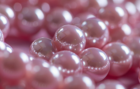 A close-up photo of pink pearls on a surface, reflecting light and showing their smooth texture.の素材