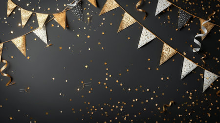 A black background with scattered gold and silver confetti, decorated with a garland of triangular flags, ribbons, and other festive accents.の素材