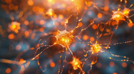 A digital rendering of a neuron with glowing lines and particles, depicting a complex network of connections.の素材