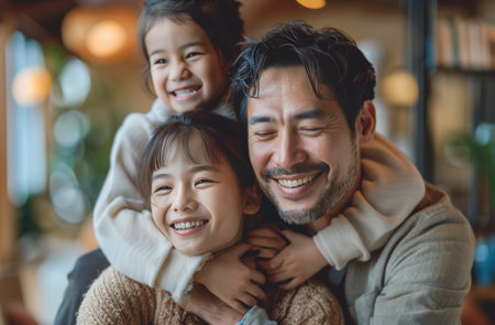 A father and his two daughters are smiling and hugging in a cafe. The family is enjoying their time together and is full of love.の素材