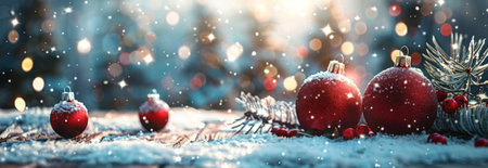 Red Christmas ornaments lie on a snowy wooden surface with a pine branch and sparkling bokeh lights in the background.の素材