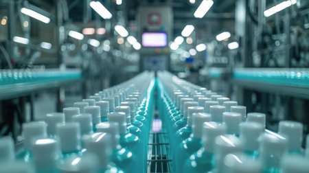 A factory assembly line filled with rows of blue liquid bottles, moving along the conveyor belt towards a blurred background.の素材