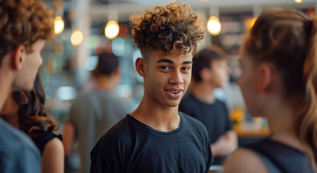 Three young people, two men and one woman, stand in a bar at night. The woman is in the center, smiling and looking at the man to her right. Both men are looking at the woman.の素材