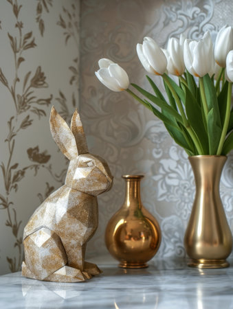 A copper-colored geometric rabbit sculpture sits on a marble table next to a bouquet of orange tulips in a gold vase.の素材