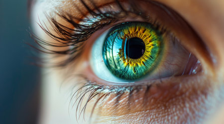 A close-up of a green eye with long lashes and a reflection of a forest inside the pupil.の素材