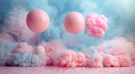 A cluster of pink and blue balloons float above fluffy clouds with confetti falling.の素材