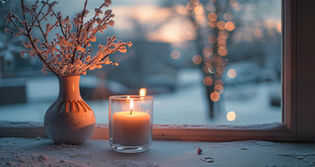 A single candle burns in a glass jar on a snowy windowsill. A vase of frosted branches sits beside it. The window overlooks a snowy scene with out-of-focus lights.の素材