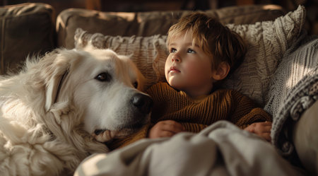 A young boy with blonde hair lies on a couch, his head resting on the head of a white dog.の素材