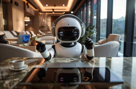 A white robot with black accents sits at a cafe table with a laptop and a cup of coffee, waving its hand.の素材