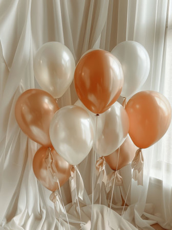 A group of white and copper balloons are gathered together, tied with white string and ribbon, against a neutral wall.の素材