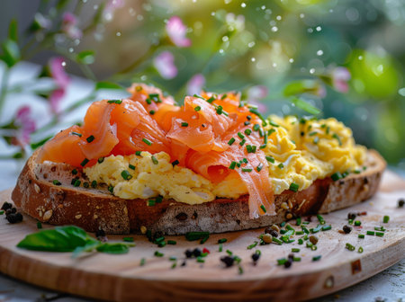 Two slices of toasted bread topped with smoked salmon and a sunny side up egg each.の素材