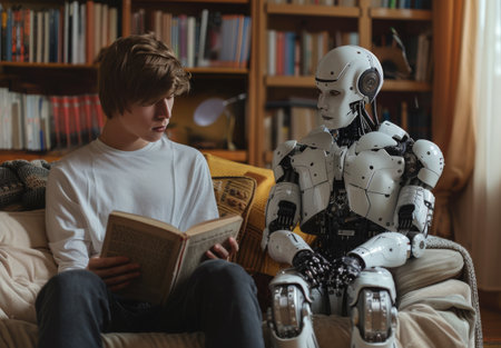 A young man sits on a couch in a library, reading a book with a robot companion seated beside him.の素材