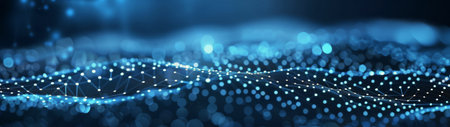 A digital network with white lights on a blue background.の素材