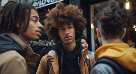 Three young men stand on a city street and chat with each other.の素材