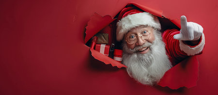 A smiling Santa Claus with a white beard peeks through red wrapping paper, giving a thumbs up.の素材