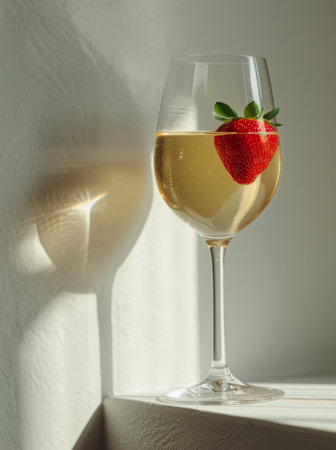 A glass of white wine sits on a gray surface, with a strawberry and mint leaves nearby.の素材