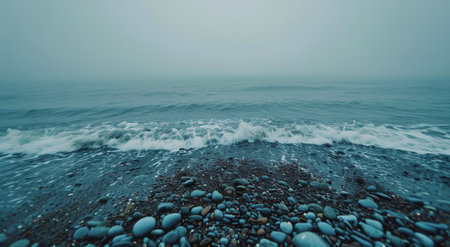 A misty morning scene with a coastline covered in smooth, rounded pebbles. The ocean waves gently lap against the shore, creating a calming atmosphere.の素材
