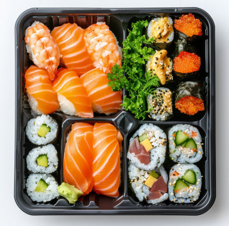 A close-up shot of a sushi meal in a plastic container, showcasing salmon nigiri, maki rolls with different fillings, and sashimi slices.の素材