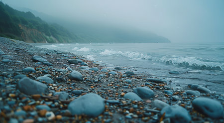 A misty morning scene with a coastline covered in smooth, rounded pebbles. The ocean waves gently lap against the shore, creating a calming atmosphere.の素材