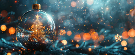 A small Christmas tree sits inside a glass ornament with a string of lights, surrounded by bokeh lights and falling snow.の素材