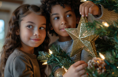 Two children, a girl with long brown hair and a boy with curly hair, decorate a Christmas tree with a gold star ornament.の素材
