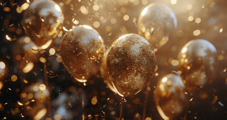 Golden balloons float in the air with confetti falling around them as the sun shines brightly in the background.の素材