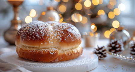 A large bread roll covered in powdered sugar sits on a marble board, with another roll in the background. There are lights and Christmas decorations in the background.の素材