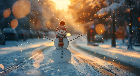 A snowman with an orange hat and scarf stands on a snowy roadside with a blurred background of trees and a car.の素材