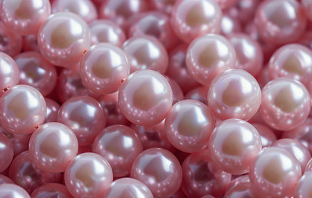 A close-up view of a collection of pink pearls arranged in neat rows on a soft, light pink surface.の素材