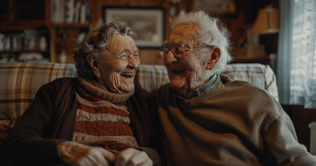 A senior couple sits close together on a couch, smiling and embracing.の素材