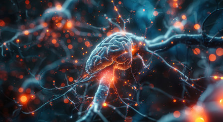 A single neuron with a glowing nucleus is shown against a dark background with smaller red and blue particles surrounding it.の素材