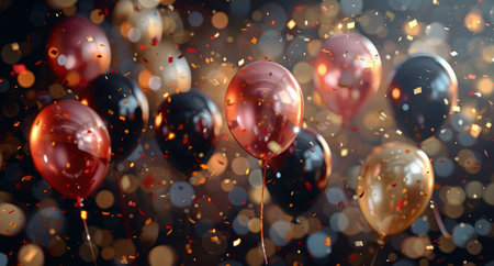 Colorful balloons float in the air against a blurred background as confetti falls around them.の素材