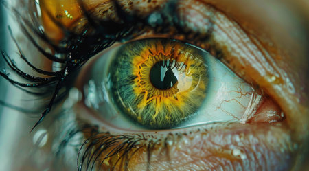 A close-up of a green eye with long lashes and a reflection of a forest inside the pupil.の素材