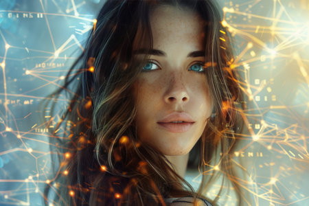 A woman with long brown hair gazes into the distance, her face partially obscured by a network of abstract lights and patterns.の素材