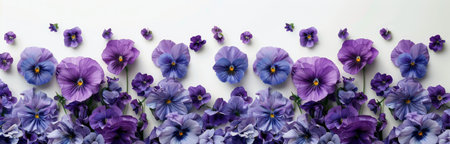 Nine purple pansies are arranged in a row, their delicate petals facing the viewer, against a clean white background.の素材