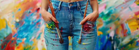 A woman wearing blue jeans with colorful paint splatters stands in front of a bright, colorful background, with several paintbrushes sticking out of her pocket.の素材