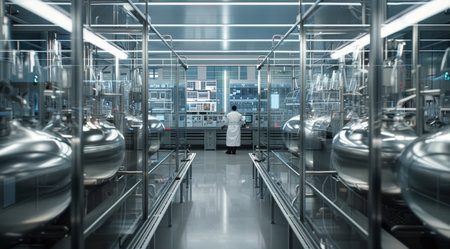 A scientist in a white lab coat monitors a large-scale industrial manufacturing process in a modern factory.の素材