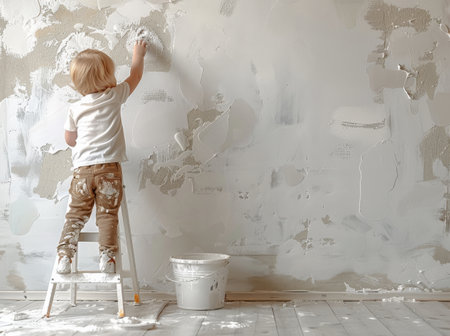 A child stands on a small stepladder and uses a putty knife to apply drywall compound to a wall. A bucket of compound sits on the floor next to the child.の素材