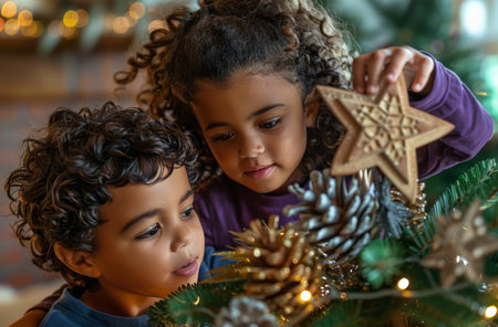 Two young siblings are decorating a Christmas tree together. The girl is placing a wooden star ornament on top of the tree while the boy watches with interest.の素材