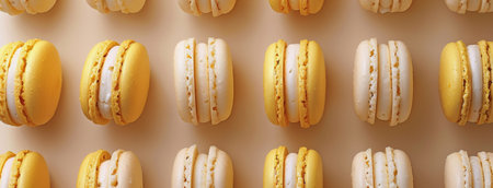 A row of golden and white macarons lie on a peach-colored background, arranged in a repeating pattern.の素材