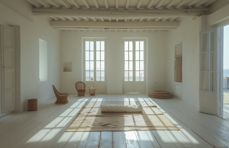 A spacious room with white walls and wooden floors, featuring a large set of French doors that open to a garden view. Sunlight streams through the windows, illuminating the space.の素材