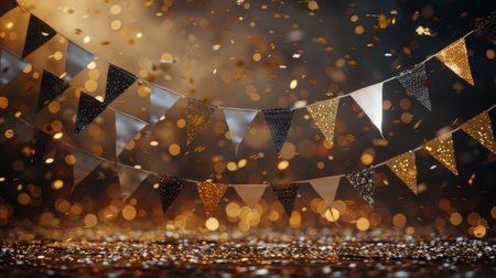 Triangular party flags in black, white, and gold hang in front of a dark background, with gold confetti falling around them onto a wooden floor.の素材
