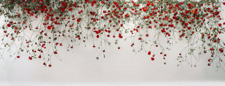 Red flowers hang from branches against a white wall.の素材