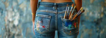A woman wearing blue jeans with colorful paint splatters stands in front of a bright, colorful background, with several paintbrushes sticking out of her pocket.の素材