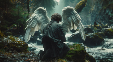 A man with large white wings kneels on a mossy rock by a rushing stream in a dark forest.の素材