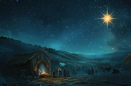 A group of shepherds gather in a cave at the foot of a mountain range, looking up at a bright star in the night sky.の素材