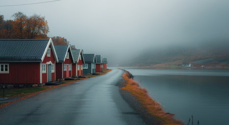 A row of colorful cottages line a gravel road leading towards a foggy lake, with autumn leaves and tall trees surrounding the scene.の素材