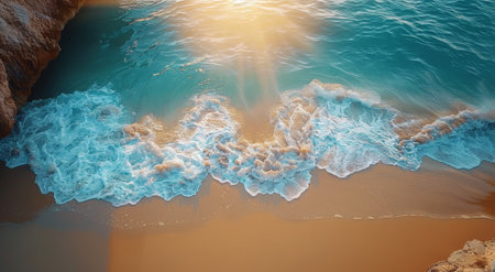 A breathtaking aerial shot of turquoise ocean waves breaking on a sandy shore.の素材